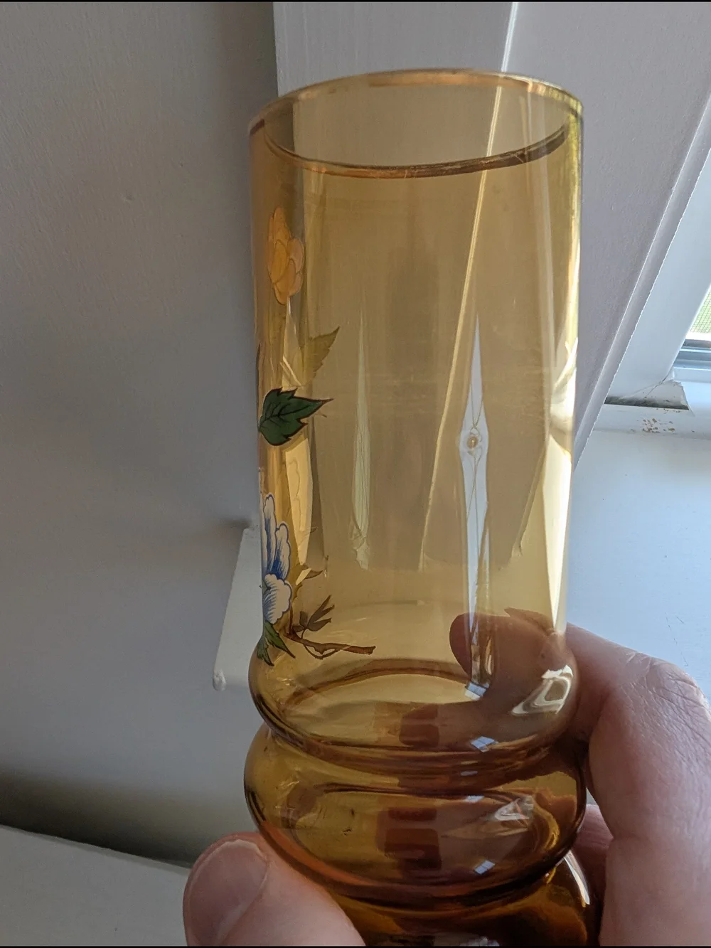 VTG Norleans Made In Italy Amber Glass Hand Painted Floral Cylinder Vase 7